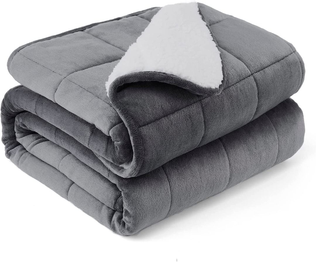 HOSUKKO Weighted Blanket Grey 60 x80 15lbs Flannel Sherpa Breathable Soft Warm Thick Heavy Blanket with Premium 0.8mm Glass Beads Big Winter Blanket Throw for Adult Furniture Home Living Bedding