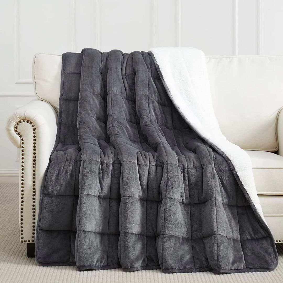 HOSUKKO Weighted Blanket Grey 60 x80 15lbs Flannel Sherpa Breathable Soft Warm Thick Heavy Blanket with Premium 0.8mm Glass Beads Big Winter
