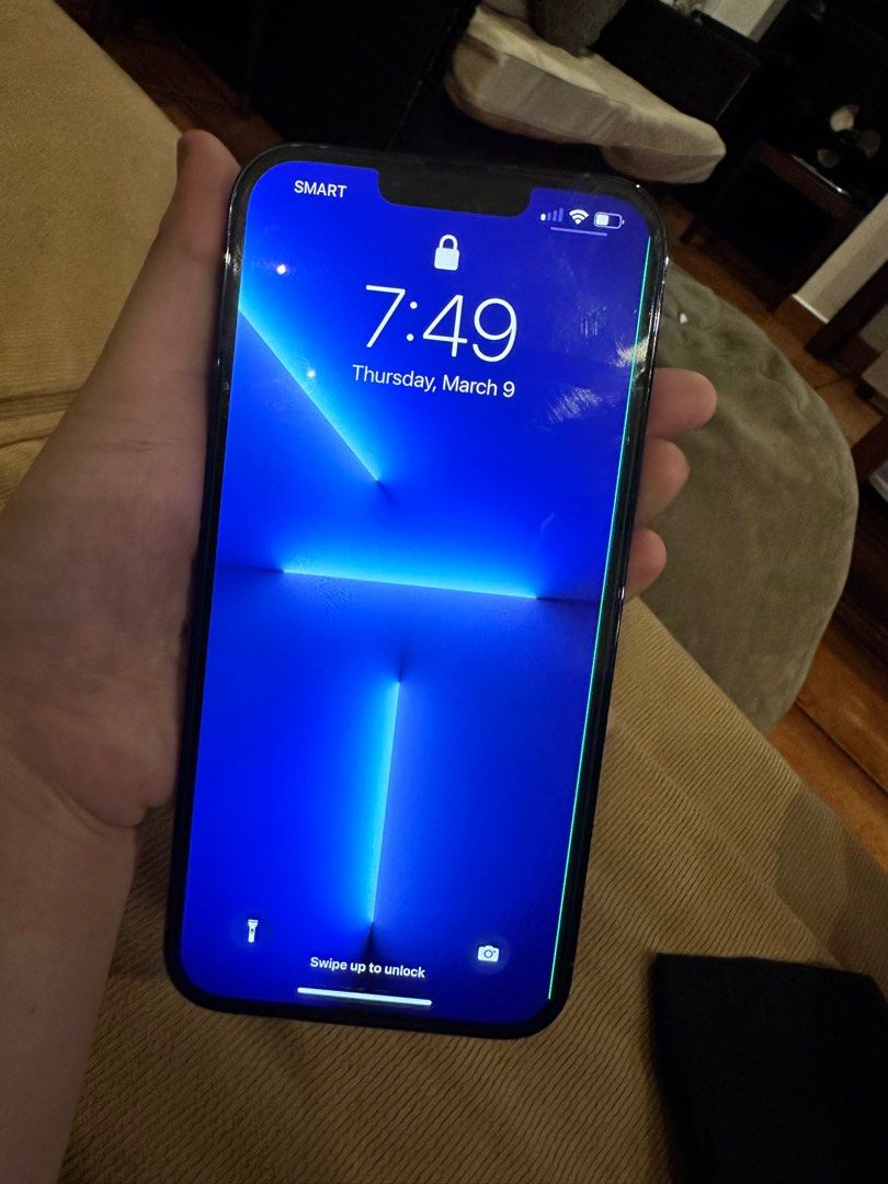 Iphone 13 Pro Max (Category: iPhone 13 Series) located in Cebu City. Submitted by cebumanilaluxury (Listing ID 1220816895, Image 3). Description: 256gb.sierra blue With box Has flaw the green line ( does nto affect performance) Smart locked 98% batt life As ease RUSH.