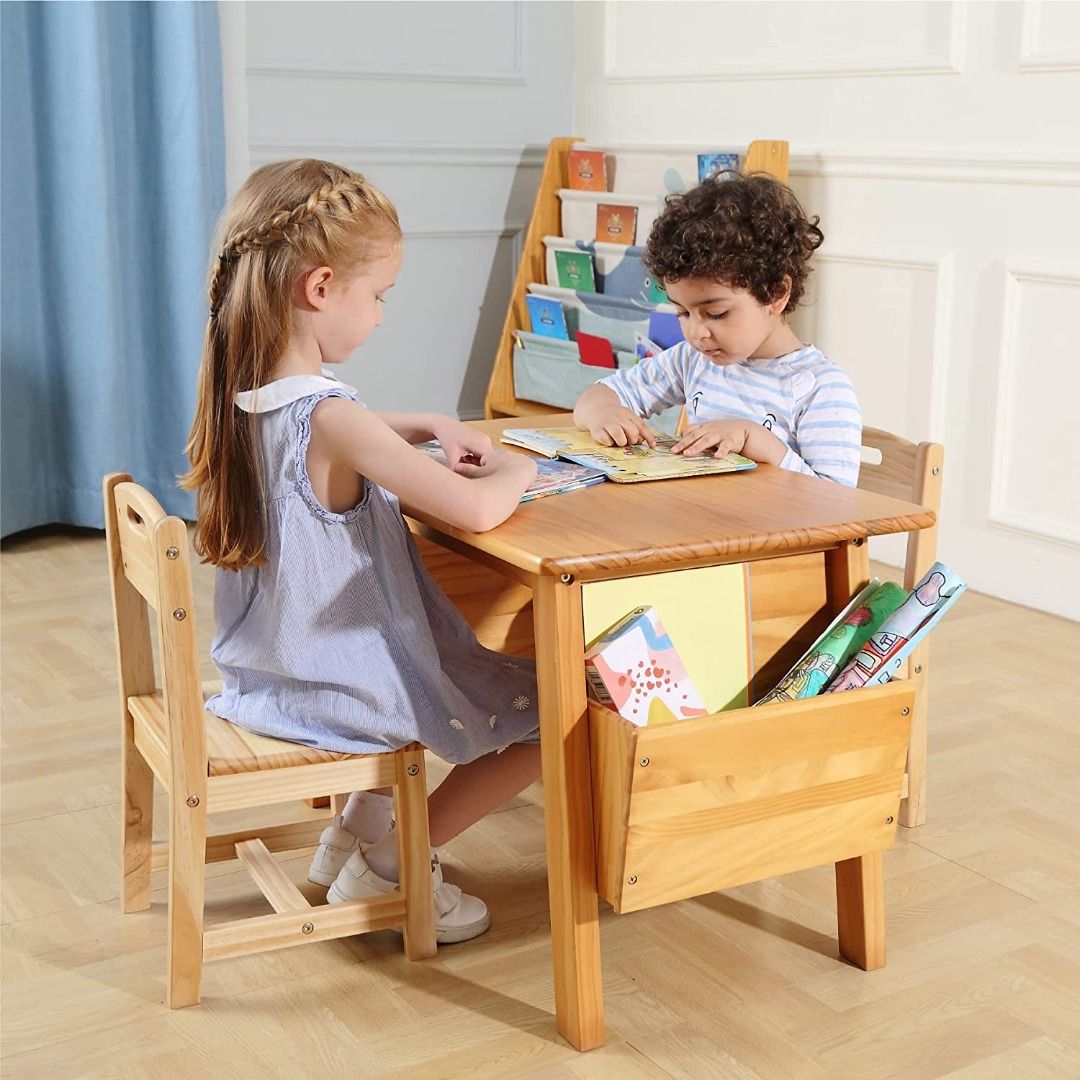 KRAND Kids Solid Wood Table and 2 Chair Set with Storage Desk and Chair Set for Children Toddler Activity Table Solid Wood Natural Babies Kids Baby Nursery Kids Furniture Kids Tables
