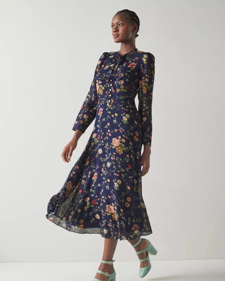 Lk Bennett Keira Navy Camelia Print Silk Midi Dress Women s