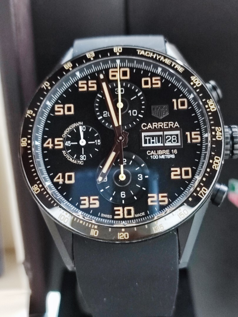 M Store KL TAG HEUER Carrera Calibre 16 Titanium Black PVD CV2A84  Chronograph Day Date Full Set, Luxury, Watches on Carousell