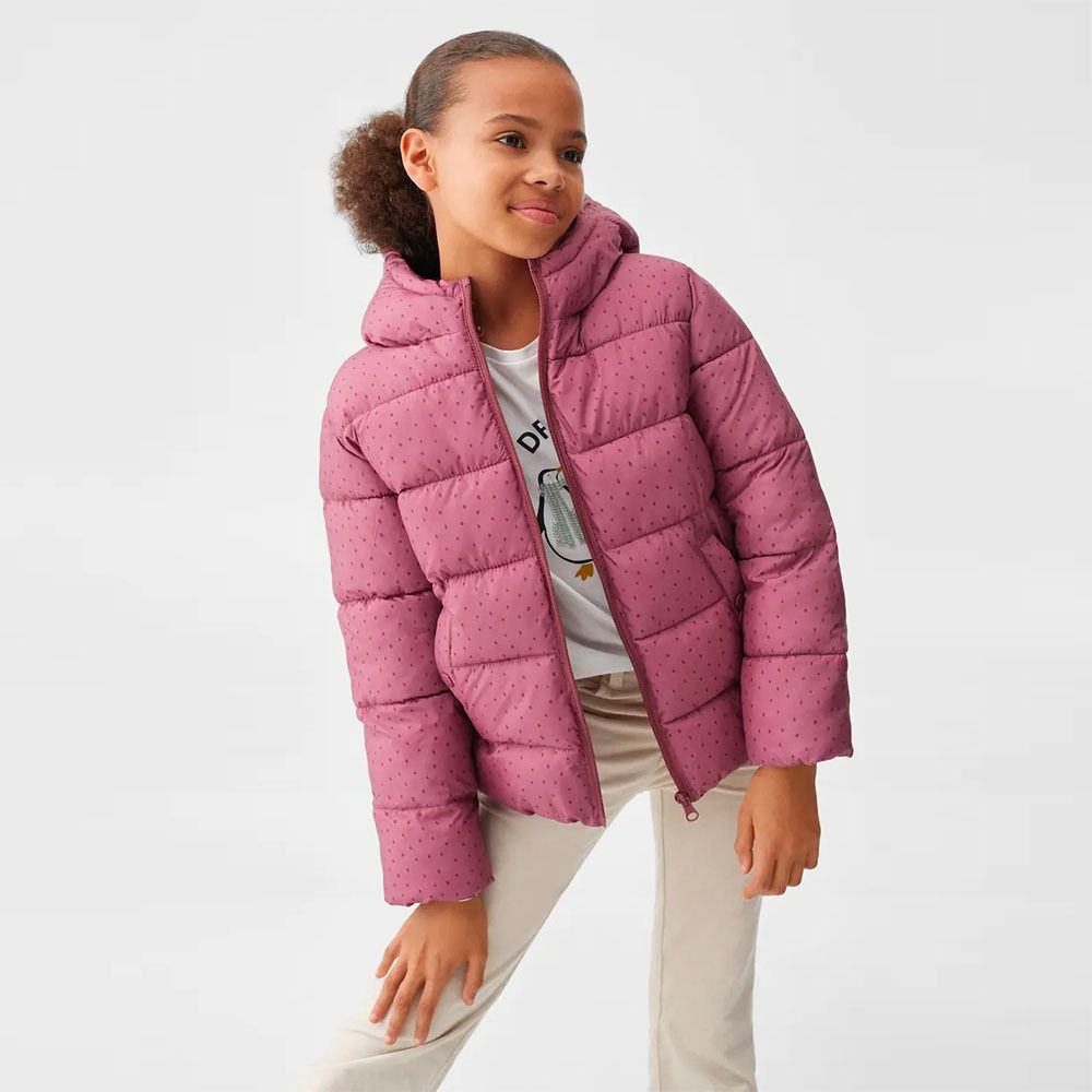 MANGO Kids Girls Dark Pink Polka Dot Puffer Coat Winter Jacket