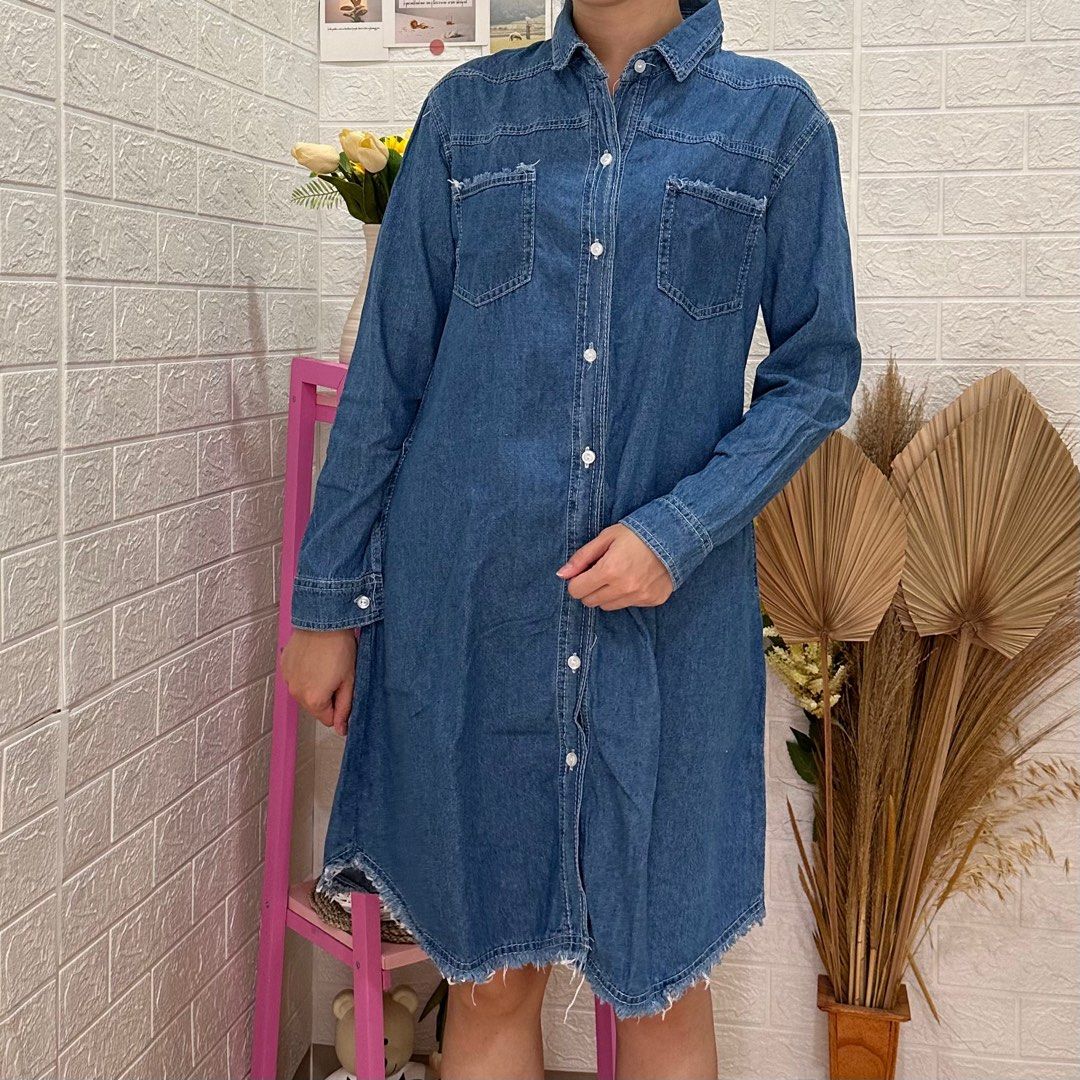NETT) Dark Blue Denim Jeans Long Sleeve Button Midi Dress Lengan