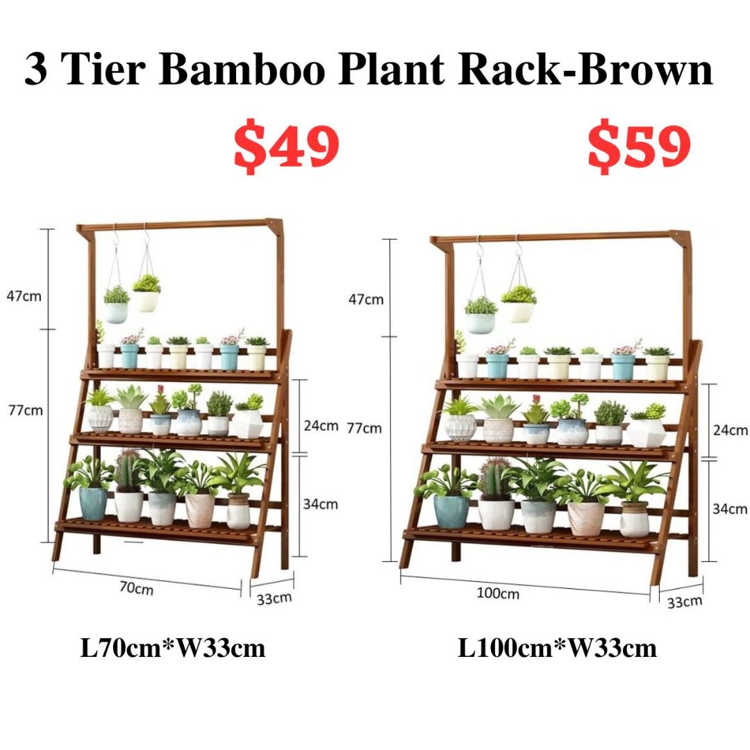 Plant Rack Flower 3 Tier Bamboo Hanging Plant Shelf Foldable 3 Tier Ladder Stand Display Rack