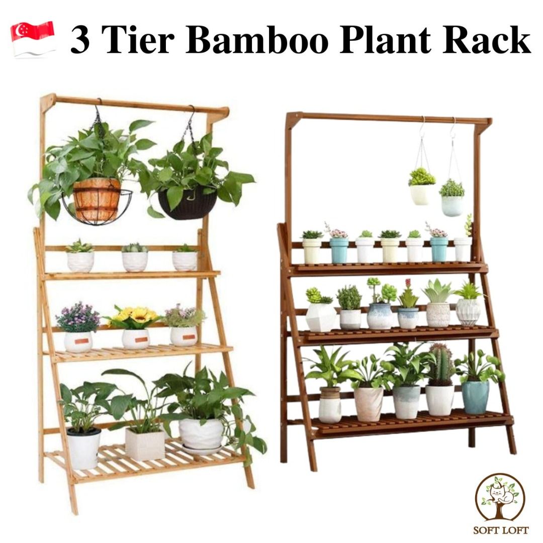 Plant Rack Flower 3 Tier Bamboo Hanging Plant Shelf Foldable 3 Tier ...