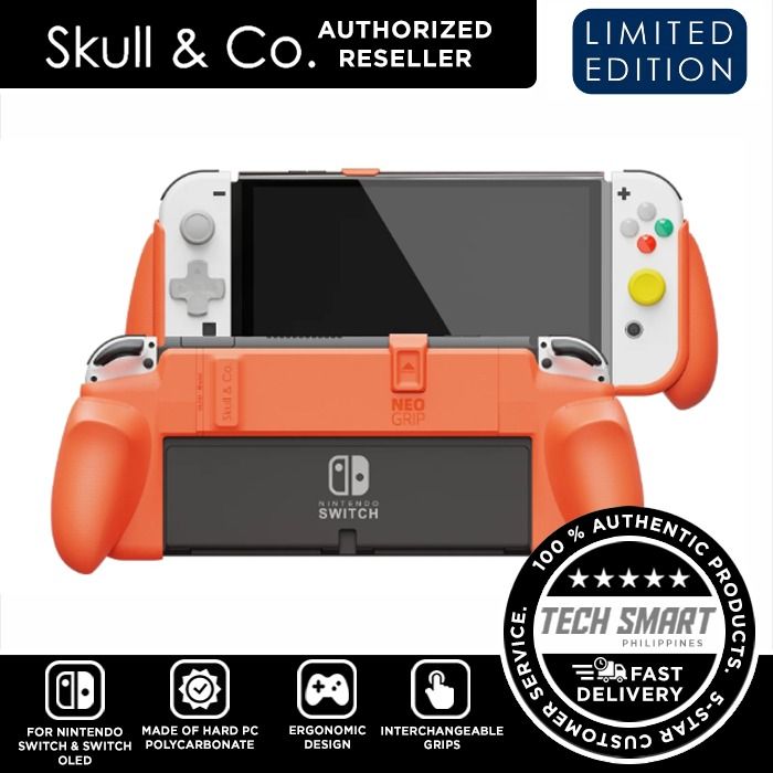 Skull & Co Limited Edition NeoGrip GameCube Orange for Nintendo Switch and Switch OLED (Category: Cases & Covers) located in Las Pinas. Submitted by techsmartph (Listing ID 1220749883, Image 1). Description: * One grip, two consoles - fits both Nintendo SWITCH OLED and OG SWITCH. * Ergonomic design - allows hours of play without fatigue. * Access the kickstand - never hold back your console. * Interchangeable grips - 3 different designs to fit al