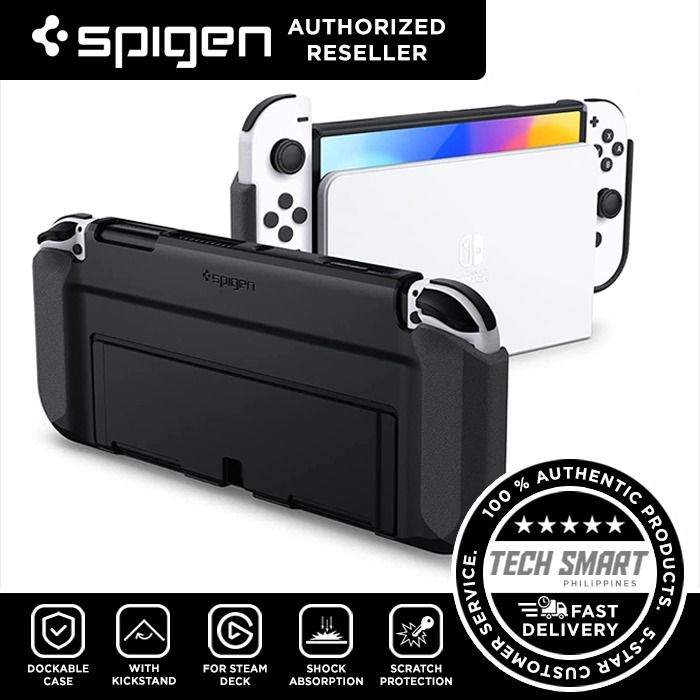 Spigen Thin Fit for Nintendo Switch OLED Dockable Case with Kickstand Protective Case (Category: Cases & Covers) located in Las Pinas. Submitted by techsmartph (Listing ID 1220729710, Image 1). Description: * Elevated TPU Grip to easily detach the JoyCon controller from the Switch. * Attachable kickstand with adhesive that is easy to install and protects the kickstand. Extra adhesive included. * Slim enough to dock to keep the Switch protected. *