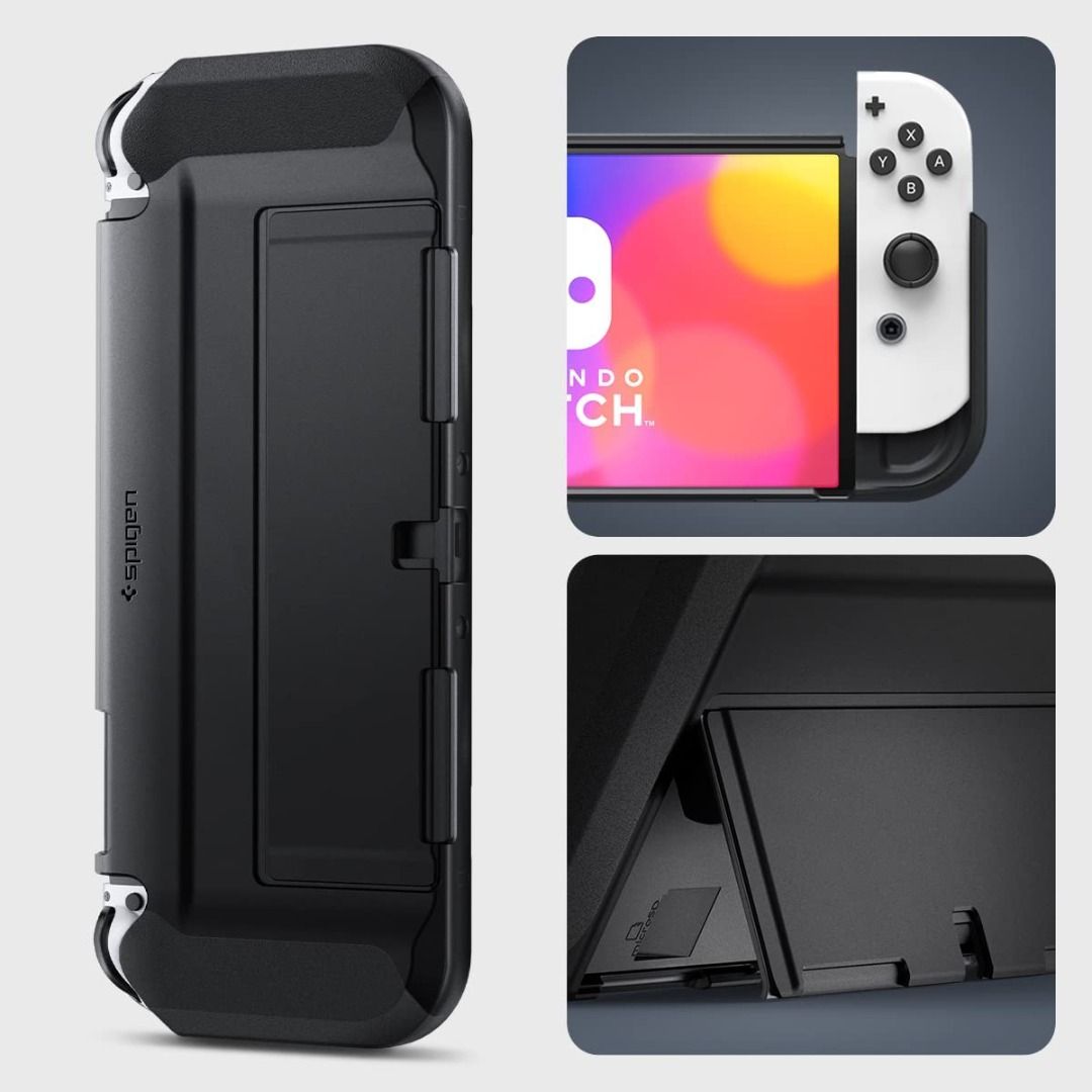 Spigen Thin Fit for Nintendo Switch OLED Dockable Case with Kickstand Protective Case (Category: Cases & Covers) located in Las Pinas. Submitted by techsmartph (Listing ID 1220729710, Image 3). Description: * Elevated TPU Grip to easily detach the JoyCon controller from the Switch. * Attachable kickstand with adhesive that is easy to install and protects the kickstand. Extra adhesive included. * Slim enough to dock to keep the Switch protected. *