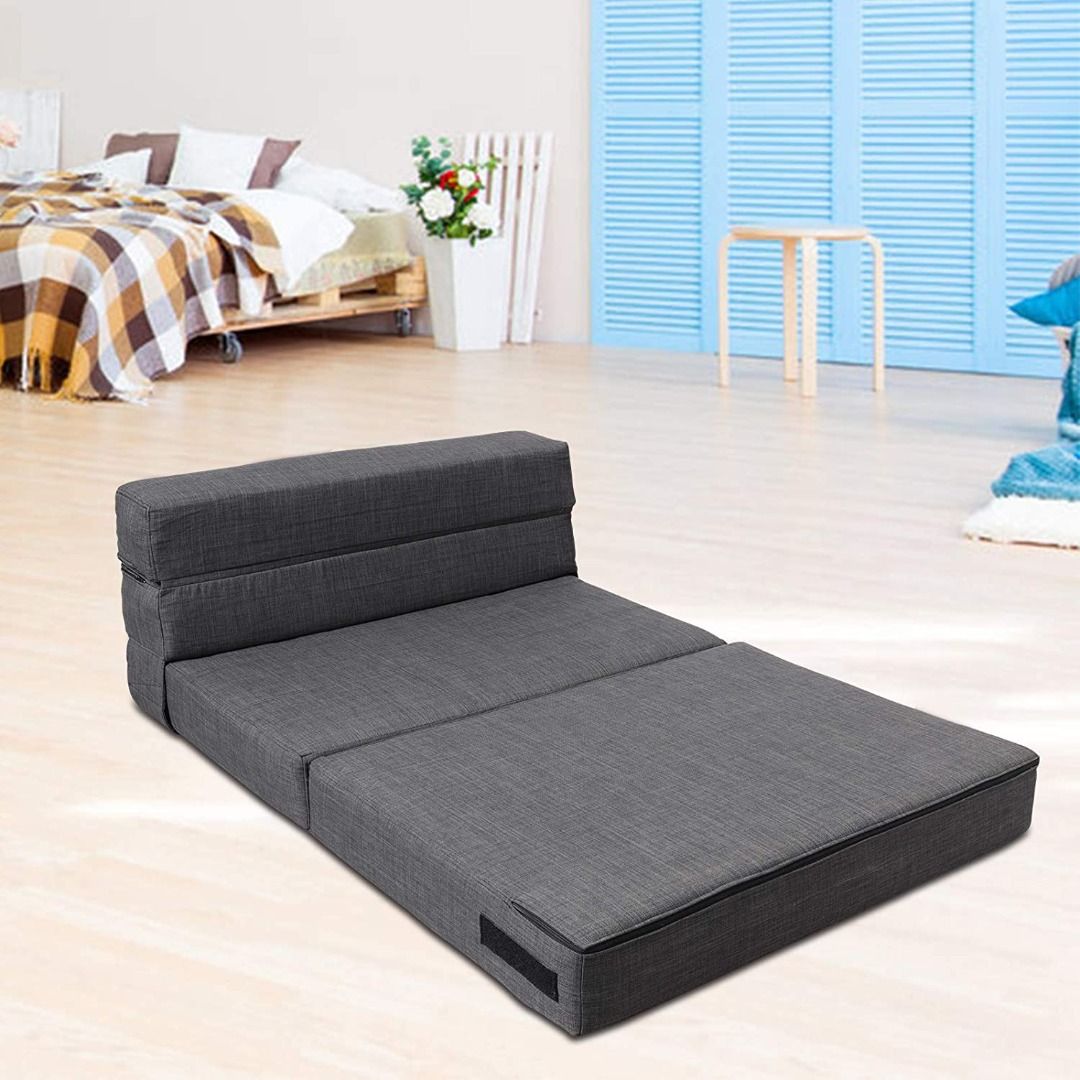 Tri Fold Sofa Bed Memory Foam Couch Mattress with Pillow Convertible Floor Down Bed Pad Folding Chaise Lounge Adjustable Foam Sofa for Guests Living Room Washable Cover Dark Gray Twin Size Furniture H...