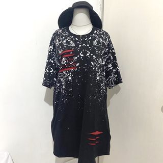 Unisex  Hypebeast Street Style Long Shirt (bought in Bangkok) / Shirt Dress in Black with White Splash Painting Details