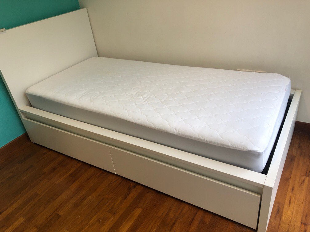 Used IKEA MALM white single mattress and bed with drawers, Furniture