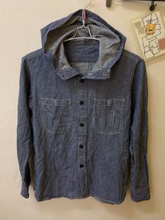 vintage hickory stripe long sleeve cotton shirt tee with hoodie hood baju raya workwear double pocket vtg og RRL WIP y2k 90s