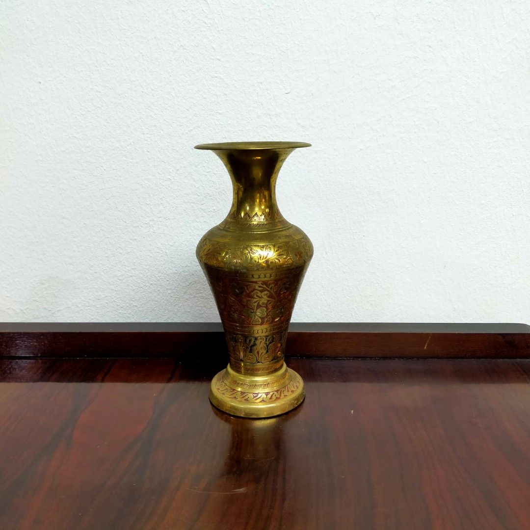 Vintage brass Painted Brass Vase With Engraved Ornate,Vintage Old Solid Brass  Etched Vase Made in pakistan