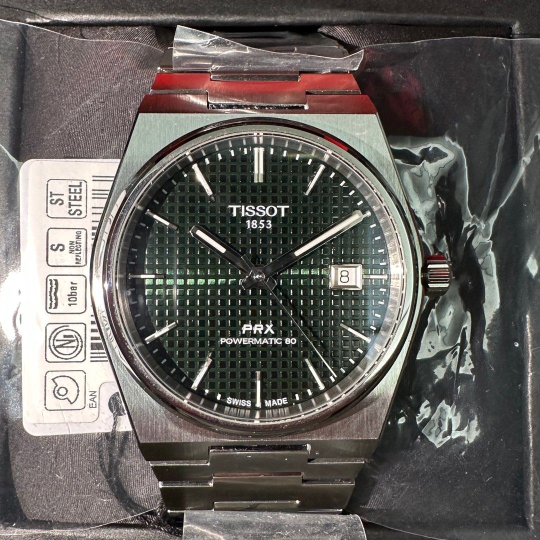 2023 Tissot PRX Powermatic 80 Green (Category: Luxury Watches) located in Makati City. Submitted by grail_luxury (Listing ID 1221077521, Image 1). Description: Brand New 2023 TISSOT PRX Powermatic 80 Green Dial ref. T1374071109100 UNWORN UNRESIZED COMPLETE INCLUSIONS Stickers still intact.