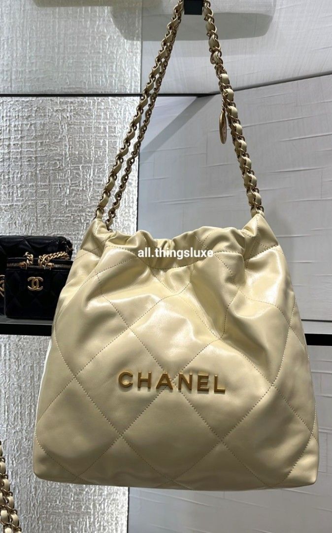 New Chanel 23S Mini 22 Black Shiny Crumpled Calfskin Gold HDW & Pearl  Strap Bag