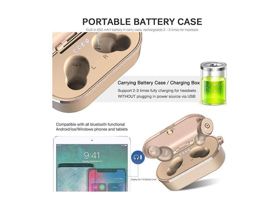 TOZO T10 True Wireless Earbuds in-Ear Bluetooth Headphones Stereo Calls  Touch Control IPX8 Waterproof Bluetooth5.3 - Khaki (Charging Case Included)  