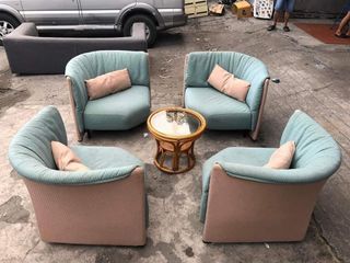 4 pieces lounge chair  set  42L x 34W x 30H inches each With pillow each Center table not included  In good condition