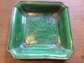 Antique Japanese Mimpei Kashu Edamame plate with dragon design. Green.