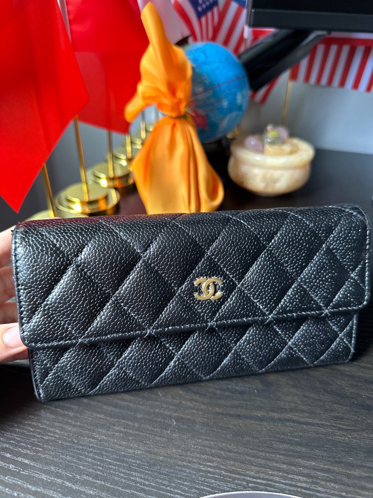 Authentic Chanel Classic Long Flap Wallet Caviar Gold CC *Vintage