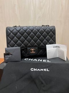 Authentic Chanel Single Flap Jumbo in Black Caviar with Silver Hardware