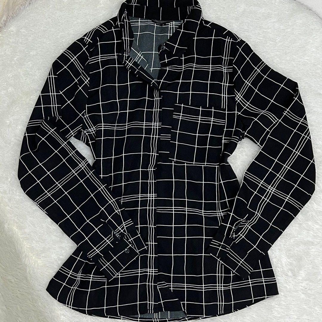 Baju Kemeja Berkerah Kancing Depan Kotak-Kotak Hitam Garis Putih Lengan