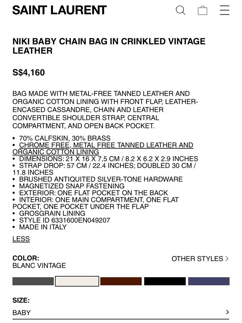 Brand new YSL NIKI BABY CHAIN BAG IN CRINKLED VINTAGE LEATHER in Blanc Vintage