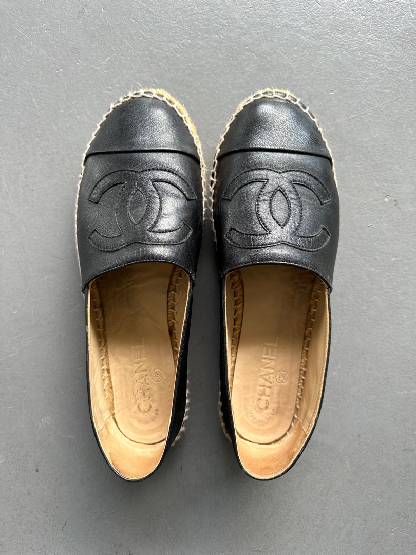 Authentic Chanel All Black Leather Espadrilles sz 39