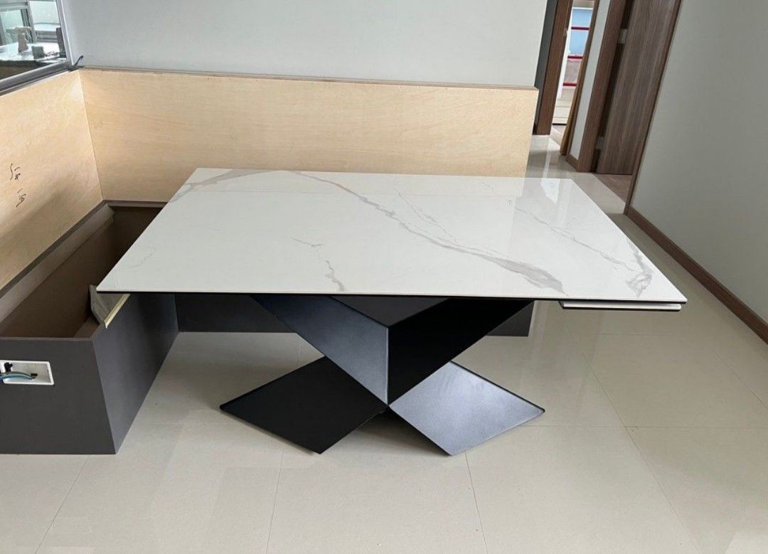 Dining Table (Category: Tables & Sets) located in Singapore. Submitted by t.chinwoon (Listing ID 1221050871, Image 3). Description: selling brand new marble dining table due to purchased wrongly cannot fit to my dining area. Only one side can be extend out. Dimension-L140cm extend tp L170com Thickness-6mm Width-90com Height-75cm self collect at my place,delivery if u buy the courier fee.