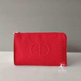 Dior Red Fabric Makeup Amenity Accessories Cosmetics Pouch