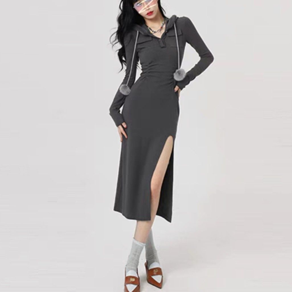 Grey bodycon dress with hoodie, Women's Fashion, Dresses & Sets, Dresses on  Carousell