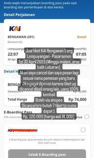 Jual tiket KAI Bengawan 1 org
Lempuyangan - Pasarsenen
Tgl 30 April 2023 (Minggu malam, arus balik Lebaran)