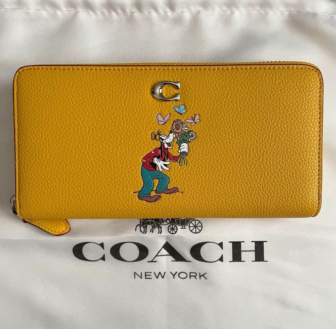 New Coach Original Limited Edition Yellow Collection Disney X Coach  Accordion Zip Wallet In Regenerative Leather With Goofy Long Zipper Wallet  For Women Come With Complete Set Suitable for Gift, Luxury, Bags