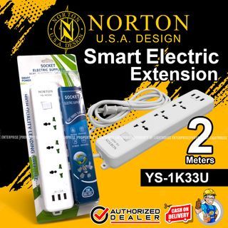 NORTON 2 Meters Smart Electric Extension / Extension Cord with multiple Universal Socket & 3 USB Port Outlets Charger / Extension Cord Power Socket (YS-1K33U) LIGHTHOUSE ENTERPRISE