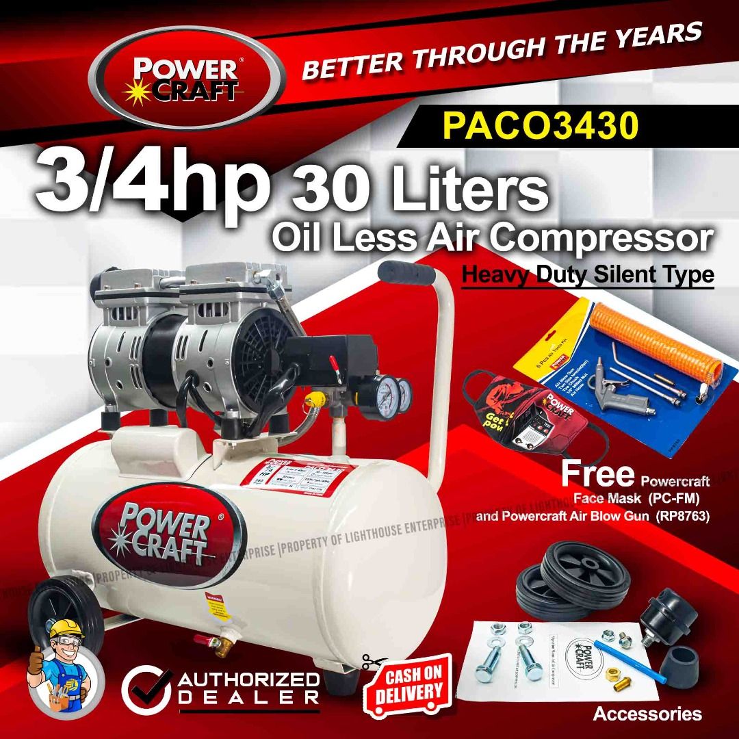 POWERCRAFT USA 3/4HP 30L Silent Type Air Compressor (PACO3430) w/ FREE ...