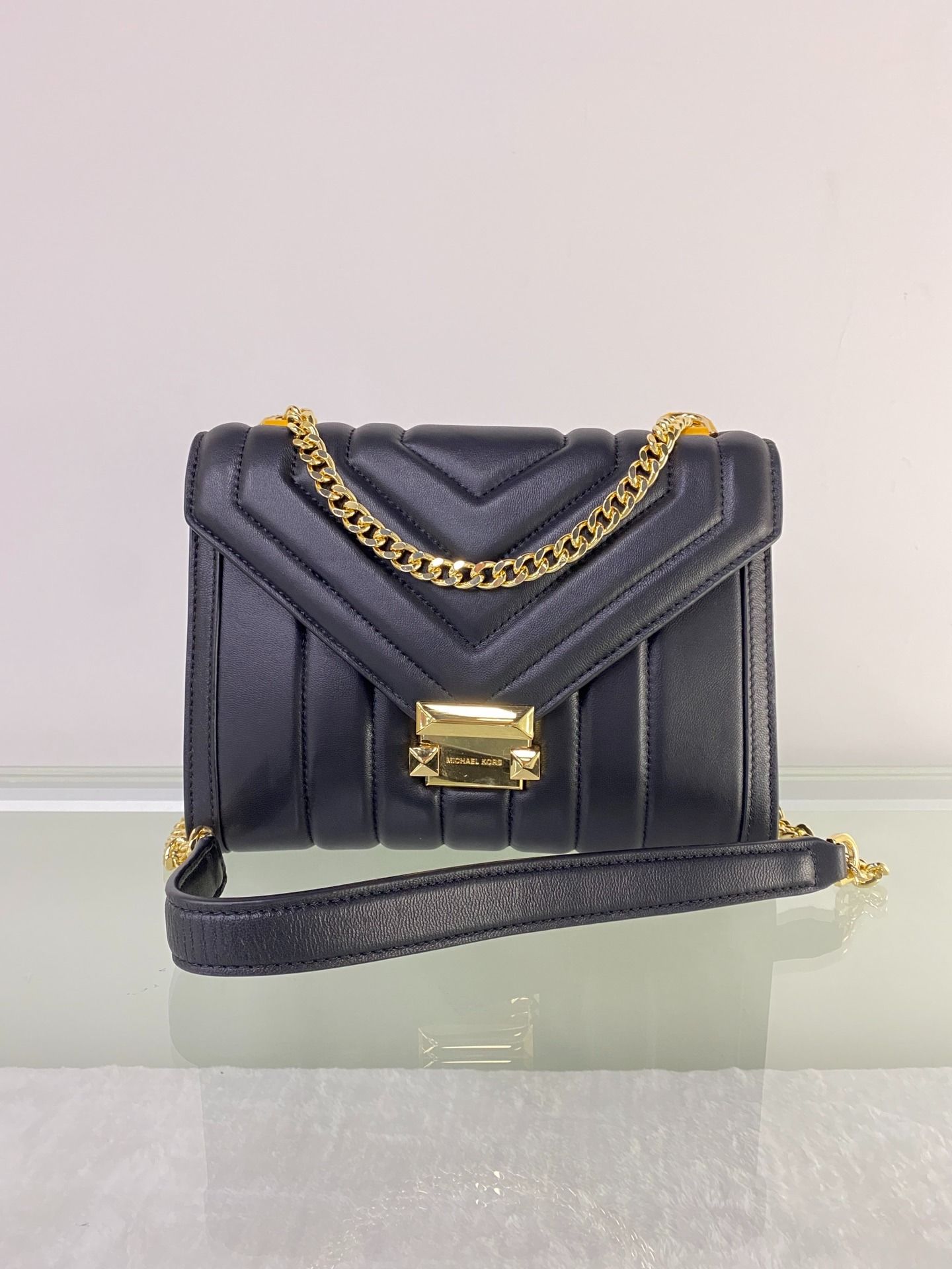 Michael Kors MK Sheepskin women s bag Whitney series Michael kors medium red and black sheepskin embroidery V pattern flap envelope bag one shoulder