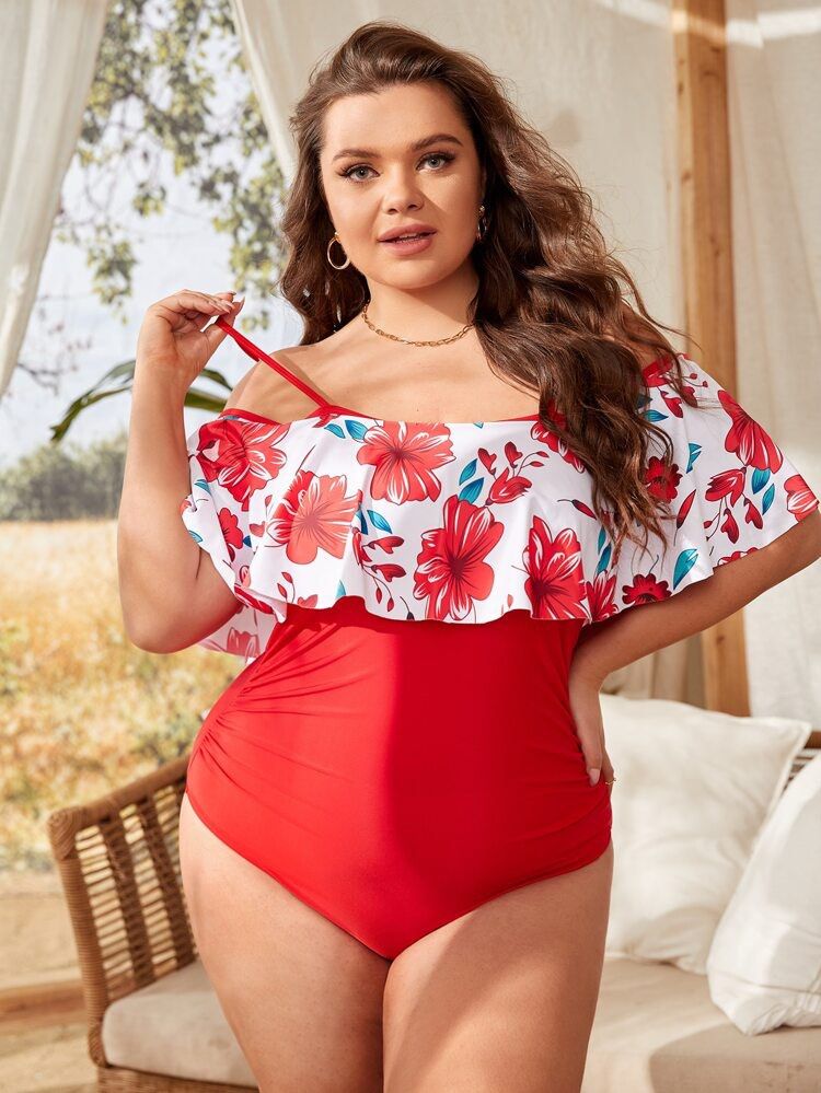 Eve Rejse tiltale ugyldig Shein Curve Plus Size Red off Shoulder One Piece Swimsuit, Women's Fashion,  Swimwear, Bikinis & Swimsuits on Carousell
