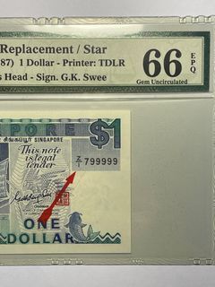 Singapore Ship $1 GKS Z/1 799999 Almost solid number PMG 66 EPQ
