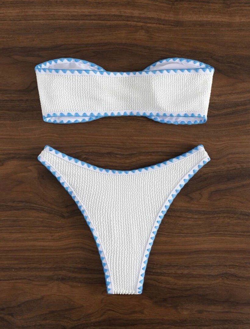 White And Blue Lining Bandeau Sexy High Cut Bikini Womens Fashion 5581