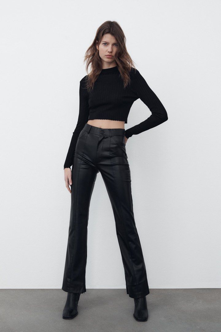ZARA Faux Leather Flare Pants, Women's Fashion, Bottoms, Jeans