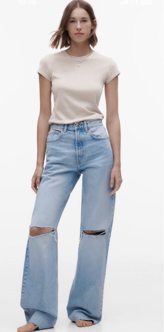 Zara wide leg full length ripped jeans, Women's Fashion, Bottoms