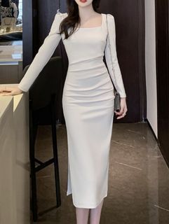 ♥️ 春夏法式女人味 巴黎方領長洋裝  收腰抓皺顯瘦  遮小腹  #23春天色系  美♥️