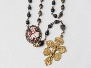 Antique style st. Michael the archangel  rosary in matte black beads