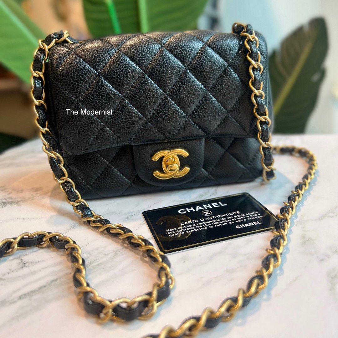 Authentic Chanel Square Mini Flap Bag Black Grained Calfskin Caviar Leather  With Gold Hardware, Luxury, Bags & Wallets On Carousell