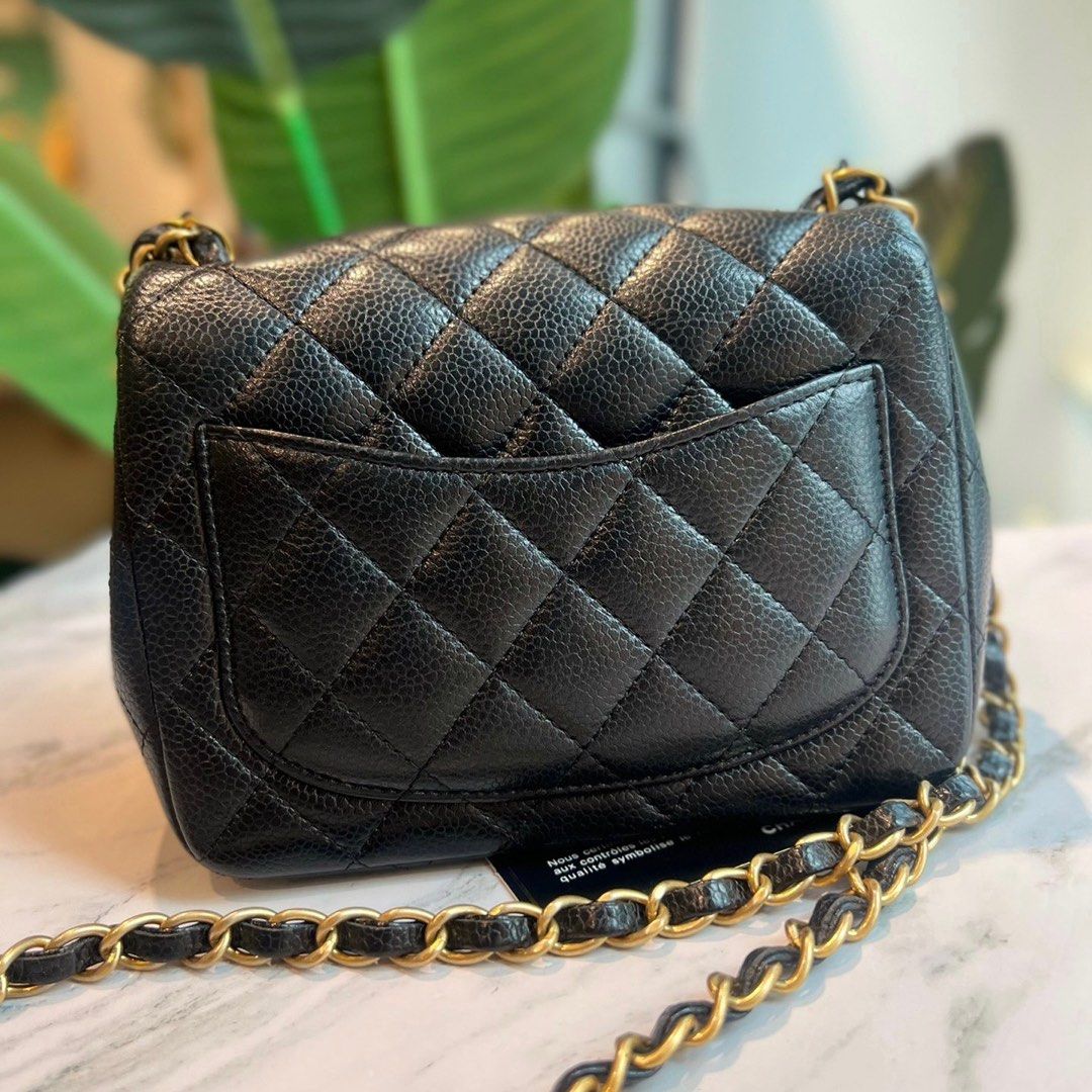 Authentic Chanel Square Mini Flap Bag Black Grained Calfskin