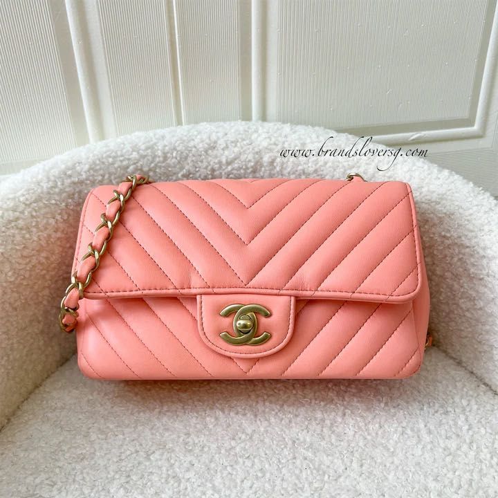 Chanel Classic Mini Rectangle in 19S Chevron Coral Pink Lambskin AGHW,  Luxury, Bags & Wallets on Carousell