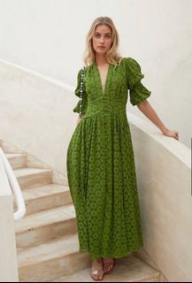 Embroidery Lace Button Down Puff Sleeve Dress