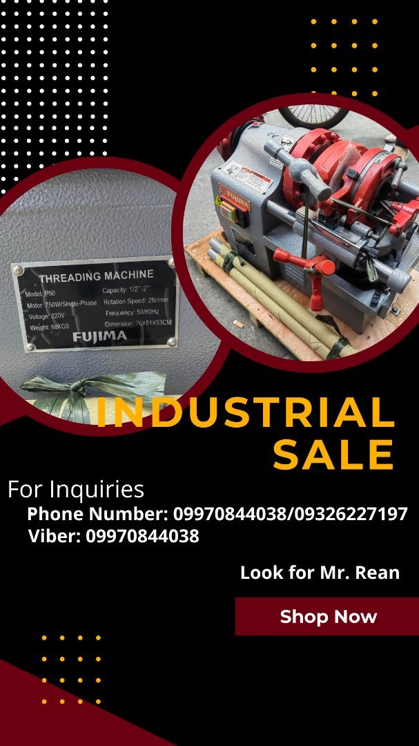 Fujima Pipe Threading Machine (Category: Industrial Equipment) located in Manila. Submitted by 09970844038rean.hayai (Listing ID 1221094832, Image 1). Description: Fujima Pipe Threading Machine Brand: Fujima Capacity: 1/2" - 2" Price: 33,750.00 For Inquiries Globe:📞☎@0997-084-4038 Smart:📞☎@0932-627-7197 Viber:📞☎@0997-084-4038 Whatsapp:📞☎@0997-084-4038 Wechat:📞☎@0997-084-4038 Email me@ 📫📑n-s-n-r-e-a-n-@-g-m-a-i-l.-c-o-m PRICE MAY CHANGE WIT