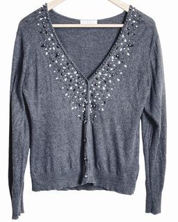 Grey Embellished V-Neck Cardigan