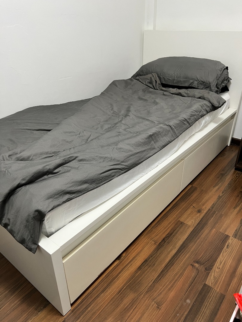 IKEA Malm single storage bed with mattress, Furniture & Home Living